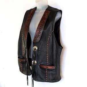 NWT Unisex Kobler Tooled Leather Brown Black Vest - Silver Concho Tassel - Sze L